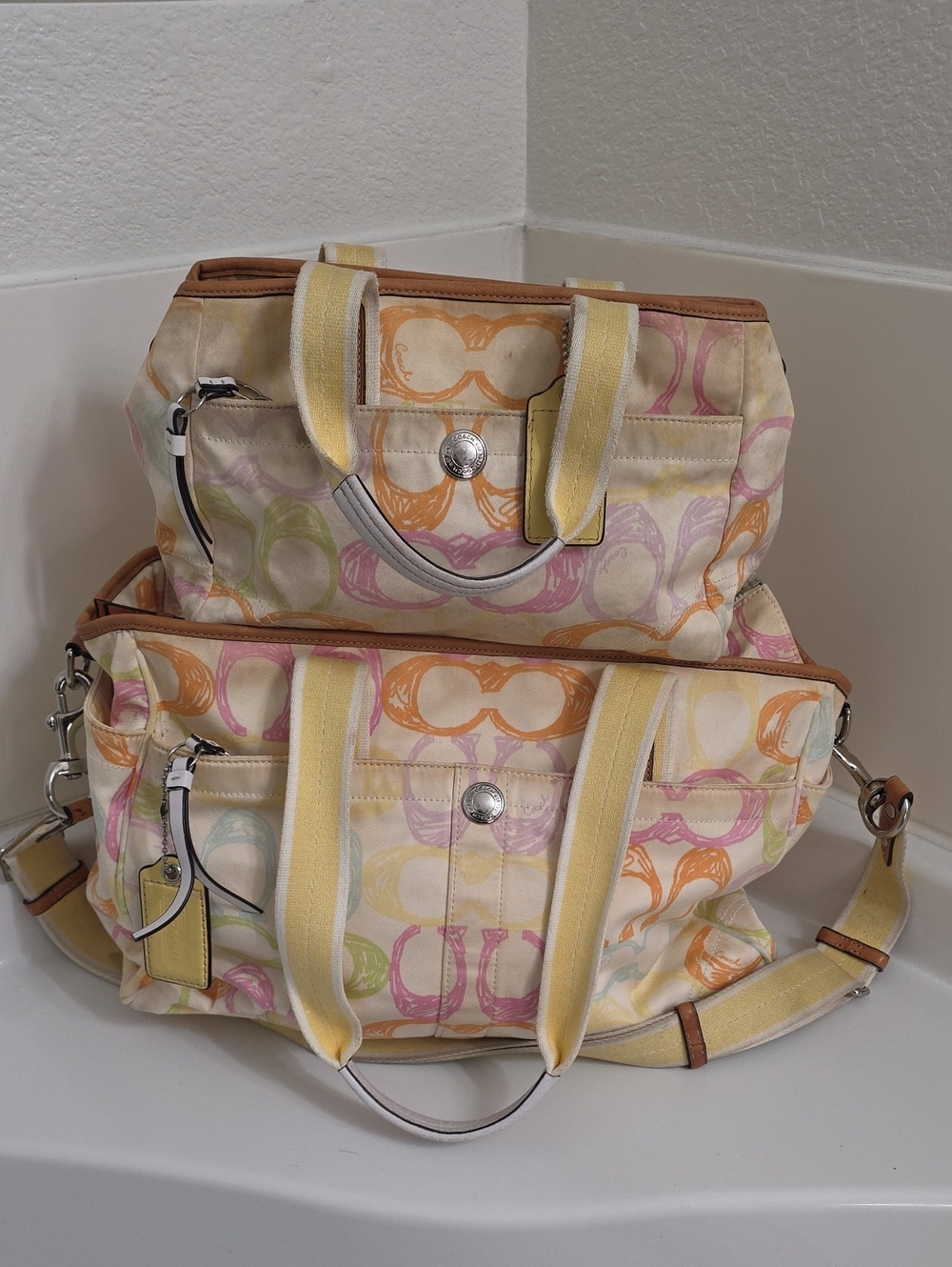 Coach Multicolor Pastel Signature Tote with Yellow Straps